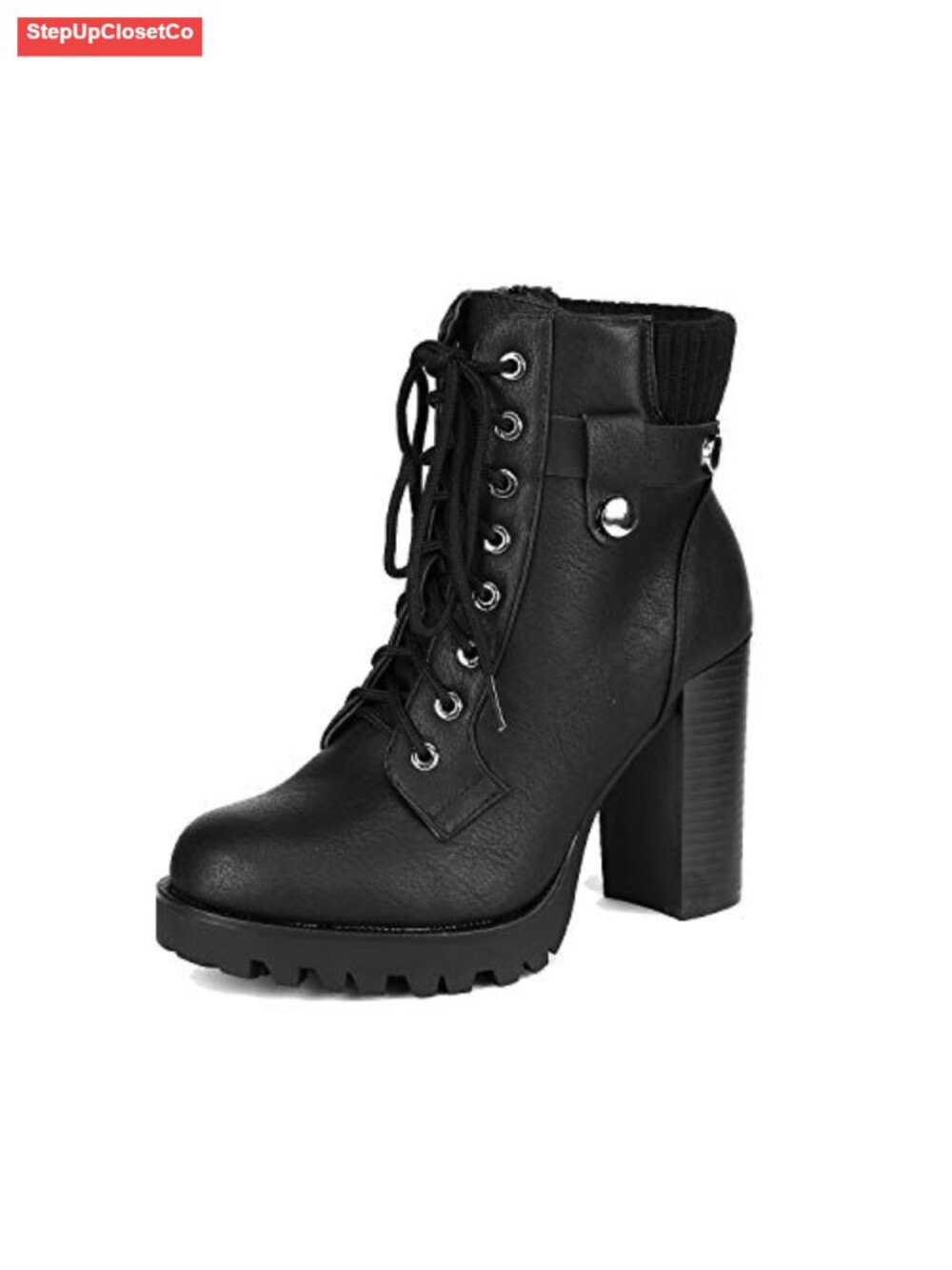 Lace Up Combat Ankle Booties with Chunky Heel Faux Leather Vegan Zip
